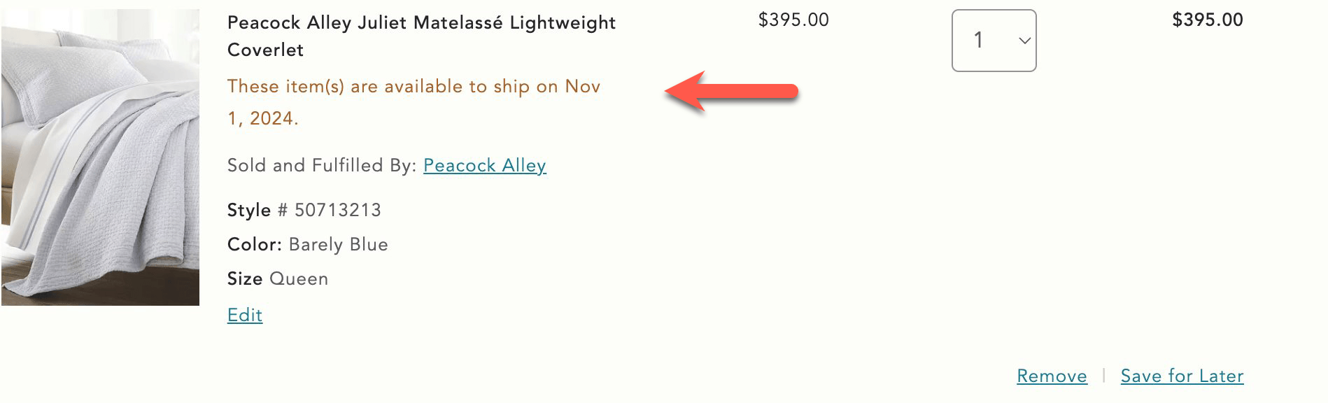 Cart item with custom shipping notification