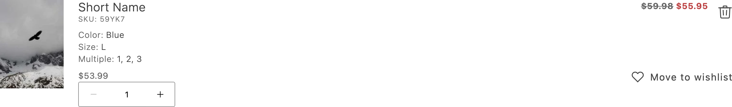 The SDK CartItem showing a product line with image, title, price, and quantity control.