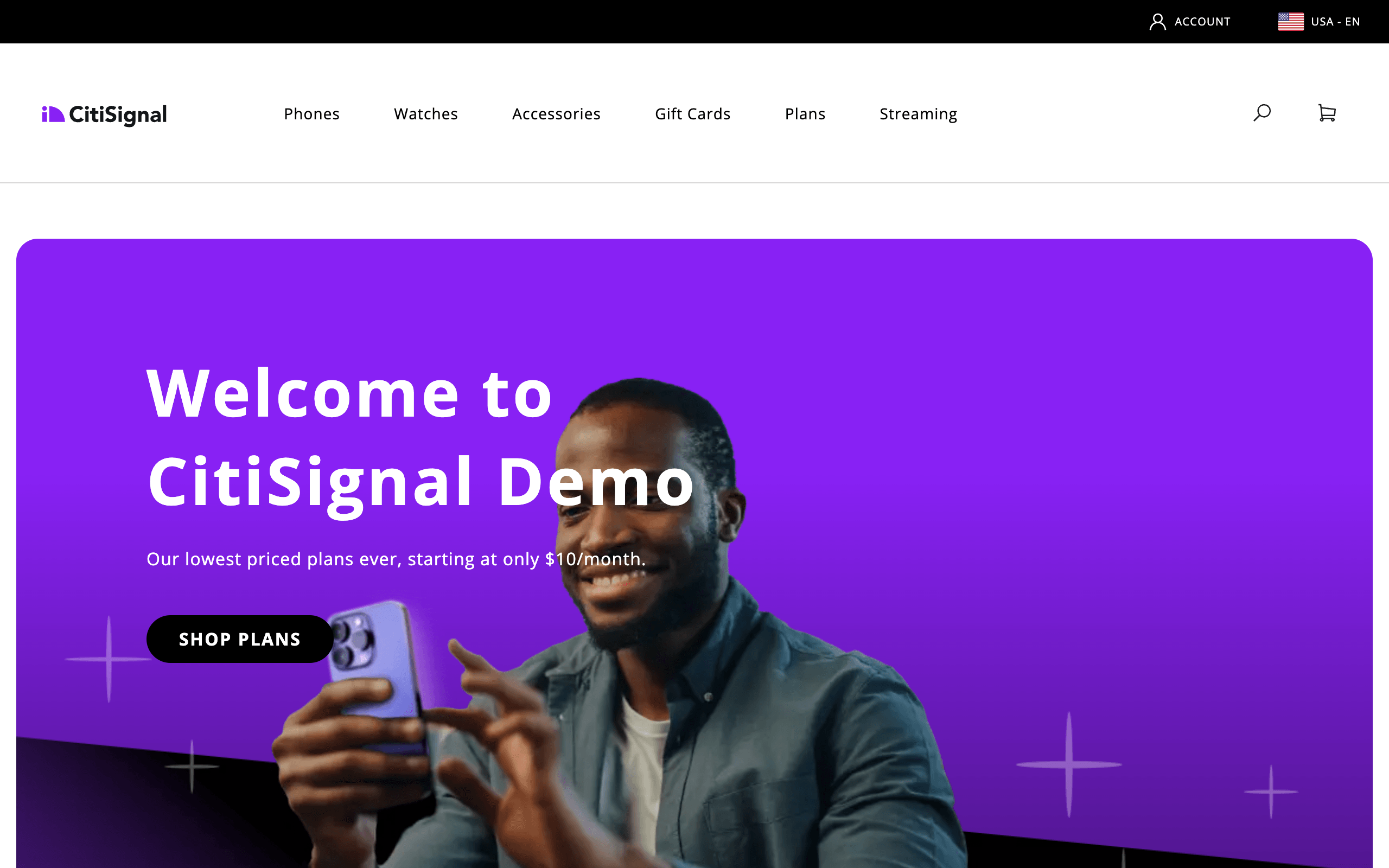 CitiSignal demo storefront homepage showing navigation, hero banner, and product categories.