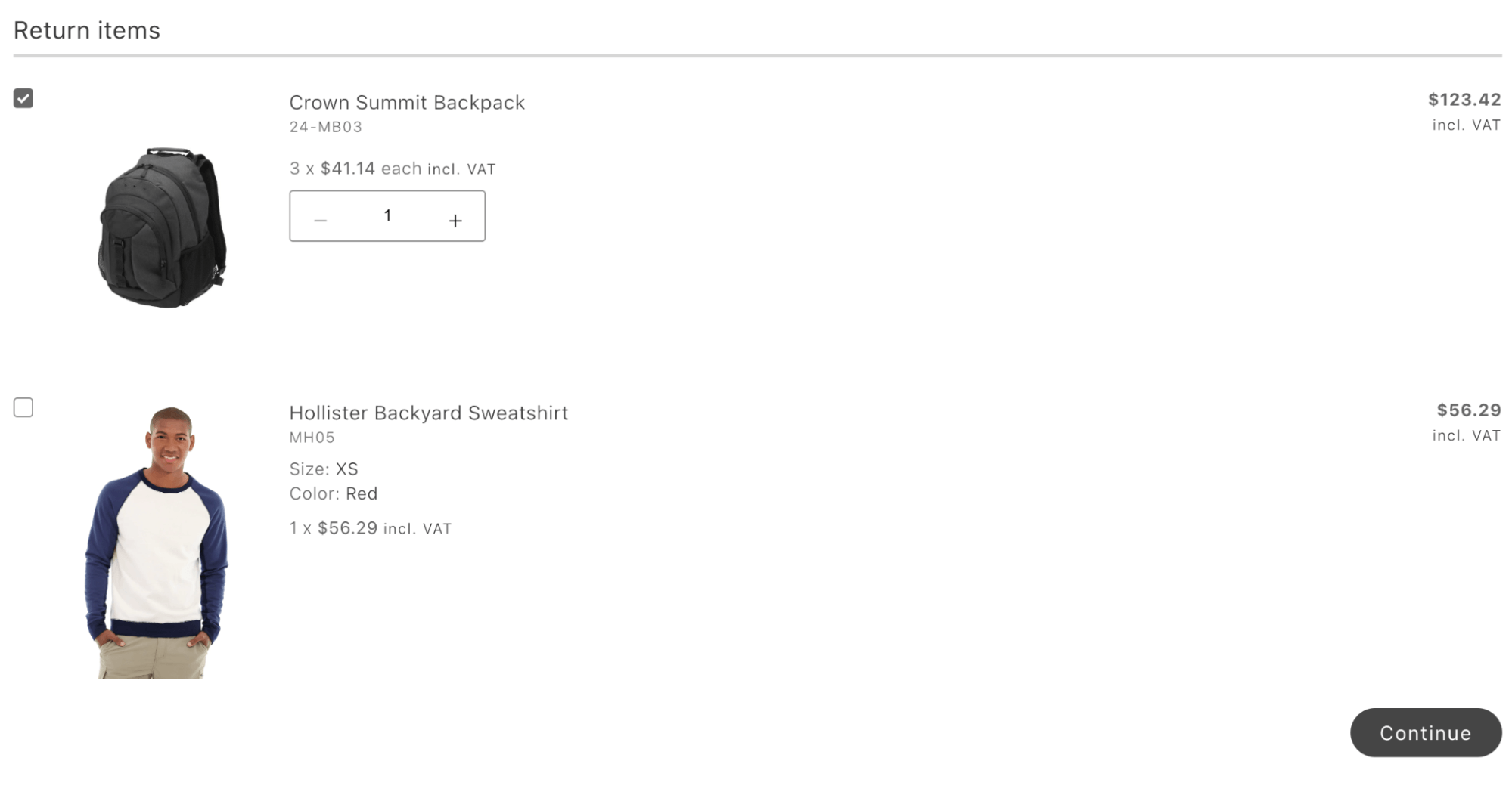 CreateReturn container, return reasons screen