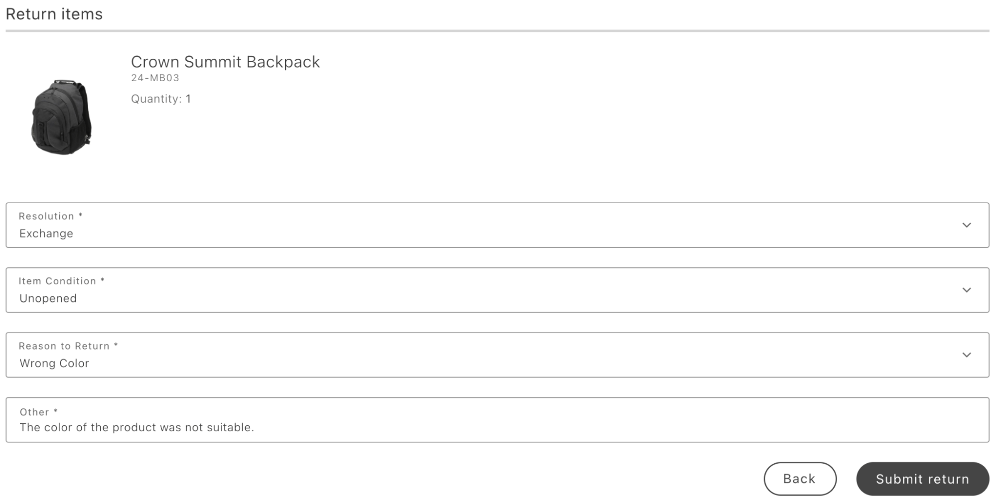 CreateReturn container, success screen