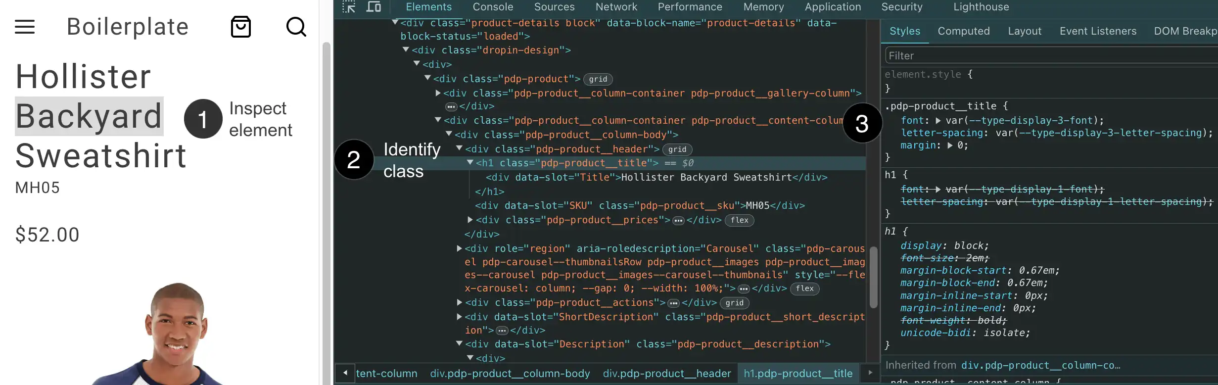 Browser developer tools inspecting a PDP drop-in element with the Styles panel listing BEM-style CSS classes to override