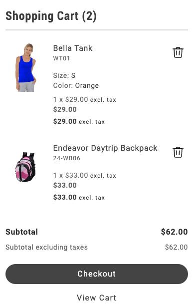 MiniCart drop-in UI showing cart line items, quantities, subtotal, and buttons to view the full cart or continue to checkout