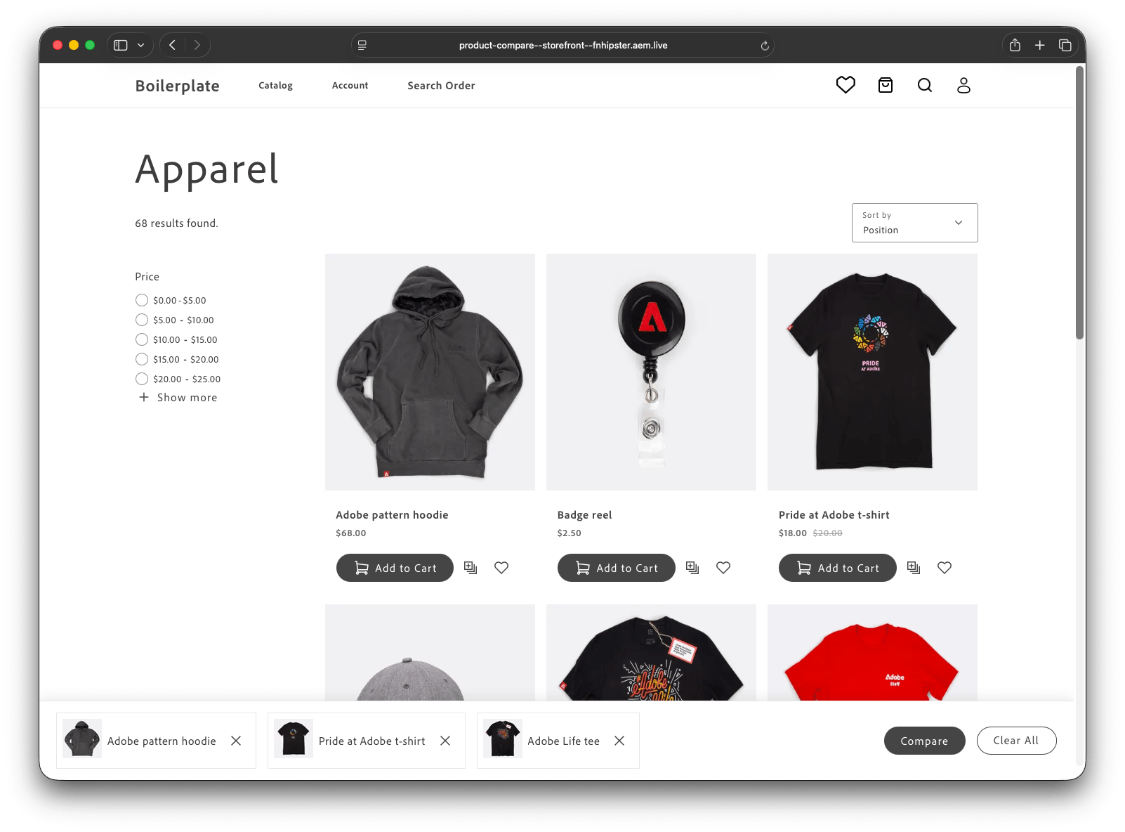 Apparel product list page with an Adobe pattern hoodie, a Pride at Adobe t-shirt, and an Adobe Life tee flagged for comparison, showing the persistent tray at the bottom of the page with Compare and Clear All buttons