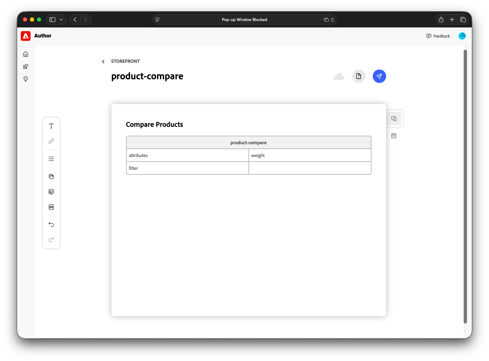 Document table naming the product-compare block with an attributes row of weight and an empty filter row