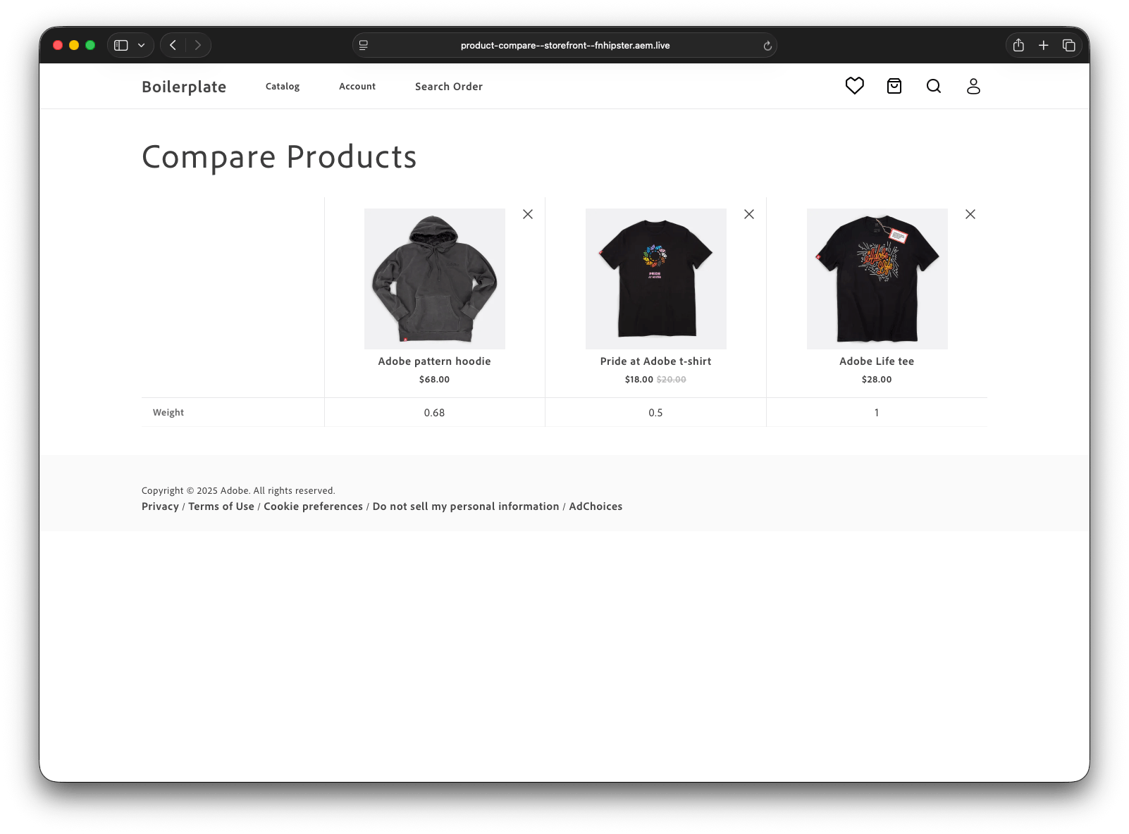 Compare Products page showing an Adobe pattern hoodie, a Pride at Adobe t-shirt, and an Adobe Life tee side by side