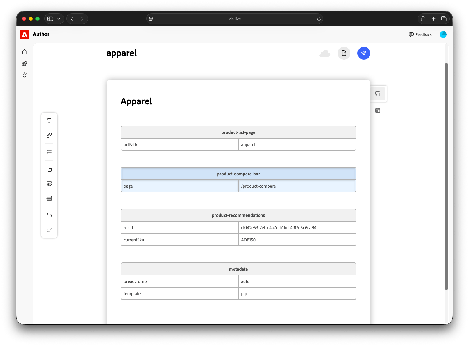 Document table naming the product-list-page block with a urlPath of apparel, and the product-compare-bar block with a page of /product-compare