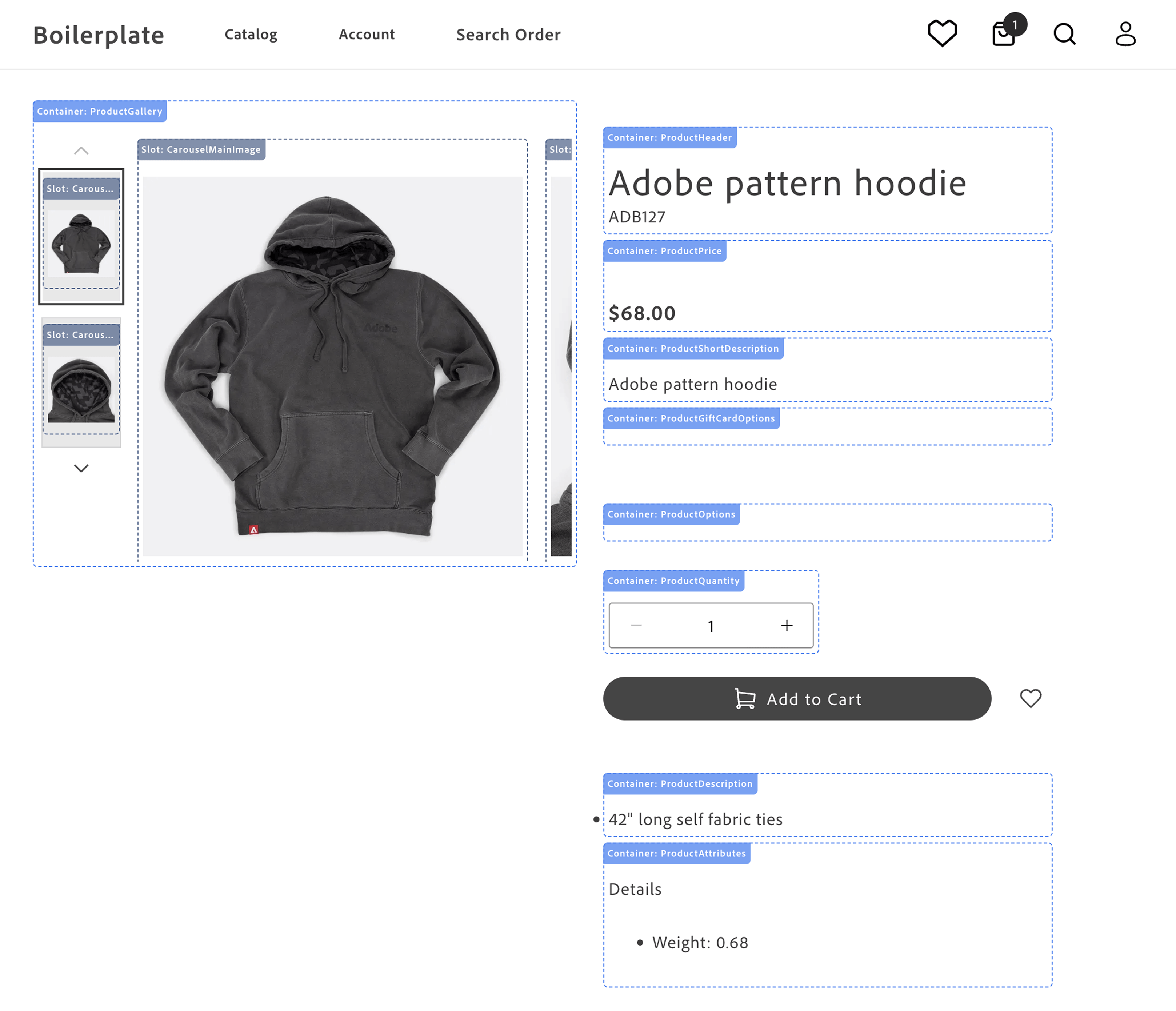 The different containers that make up the product details page.