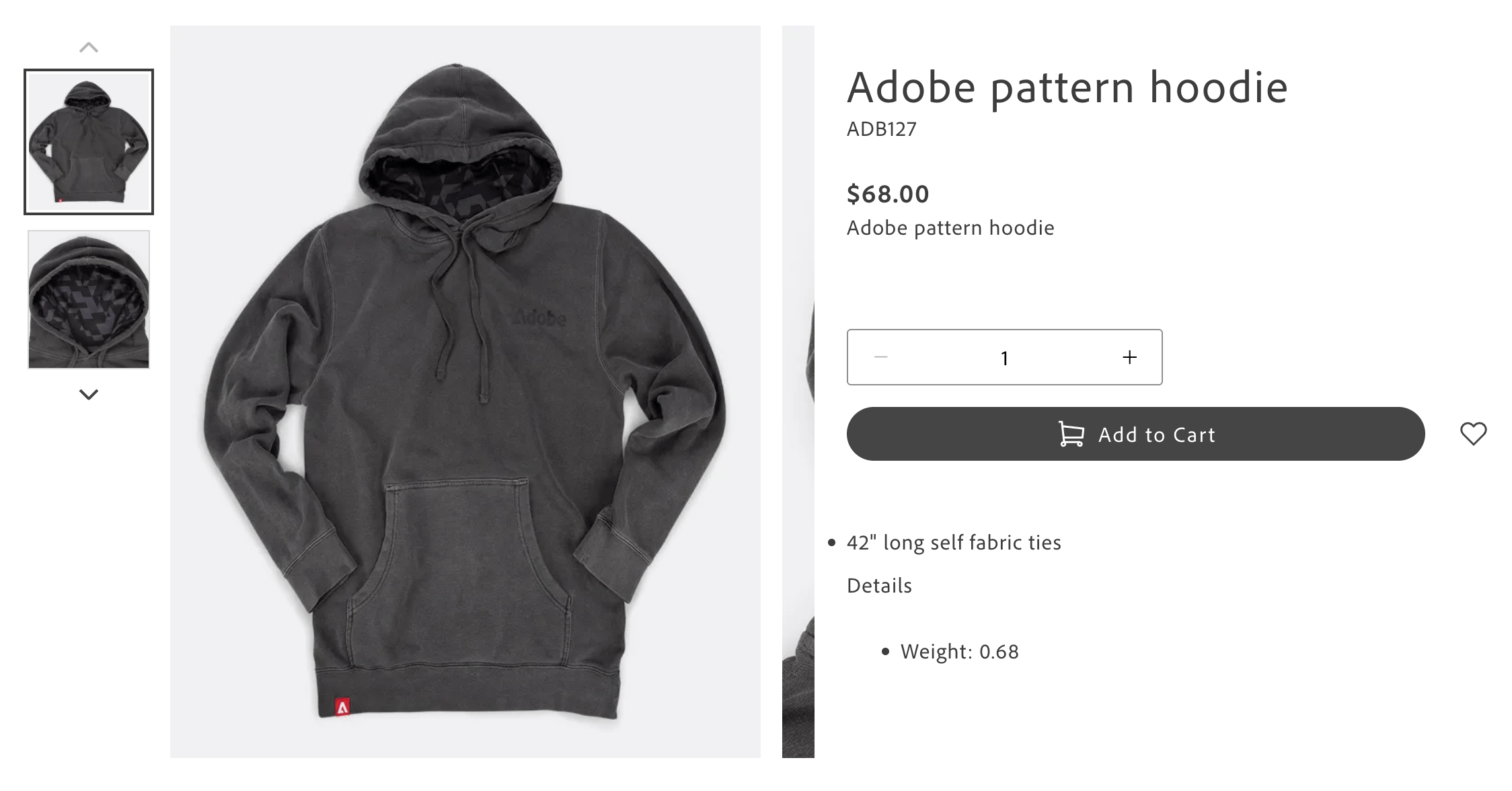 A product detail page showing an image gallery on the left and product name, price, quantity selector, and add-to-cart button on the right.