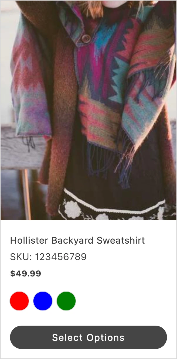 The SDK ProductItemCard showing a product with image, title, price, and an action button.