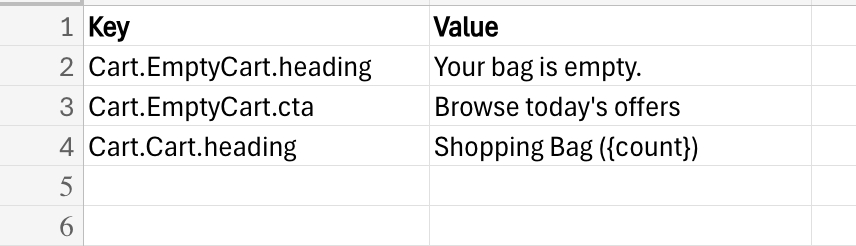 A placeholders sheet containing keys and their alternate label values.