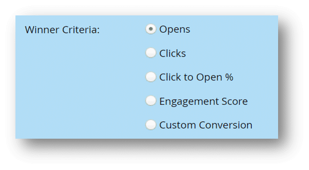 La parte de Criterios de Ganador de la prueba A/B con opciones como se describe