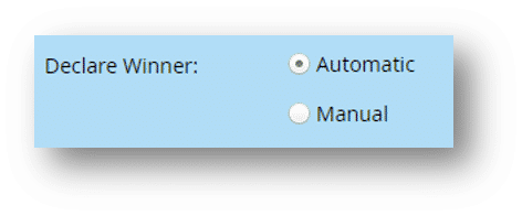 La parte de Declarar Ganador de la prueba A/B muestra opciones automáticas y manuales.
