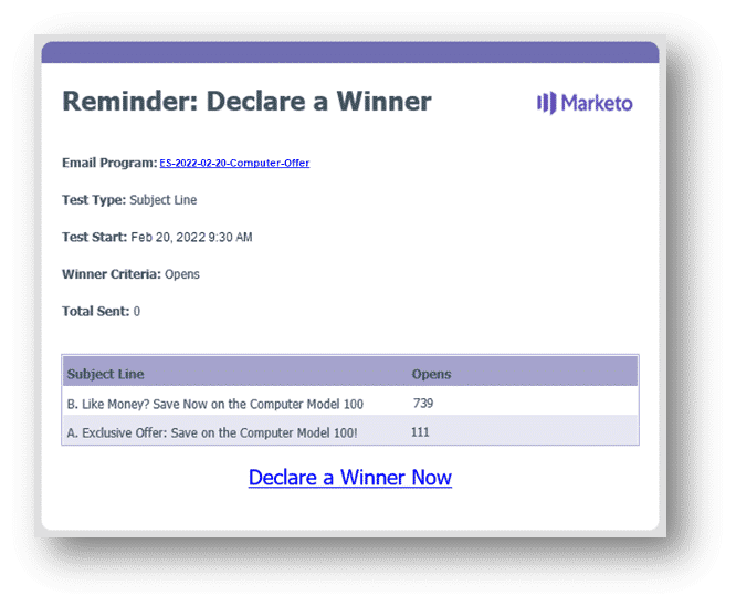 Correo de notificación de Marketo Engage recordándote que la prueba A/B está completa y necesitas tomar medidas para enviar el ganador al resto de tu audiencia.