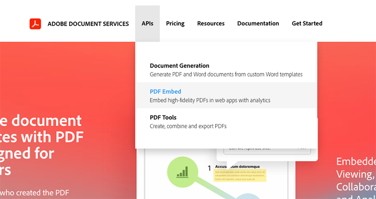 Captura de pantalla del menú desplegable API de PDF Embed
