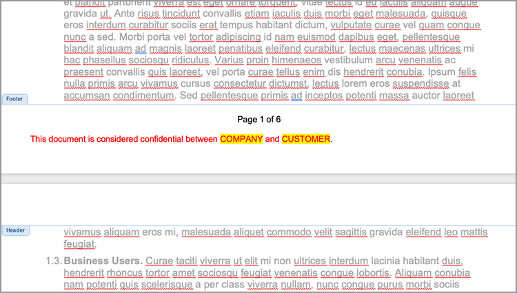 Captura de pantalla de la adición de etiquetas COMPANY y CUSTOMER en el pie de página
