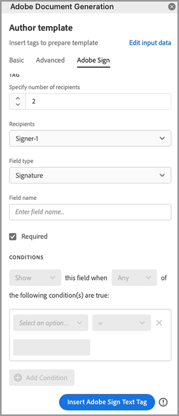 Captura de pantalla de Insertar etiqueta de texto de Adobe Sign en el etiquetador de generación de documentos