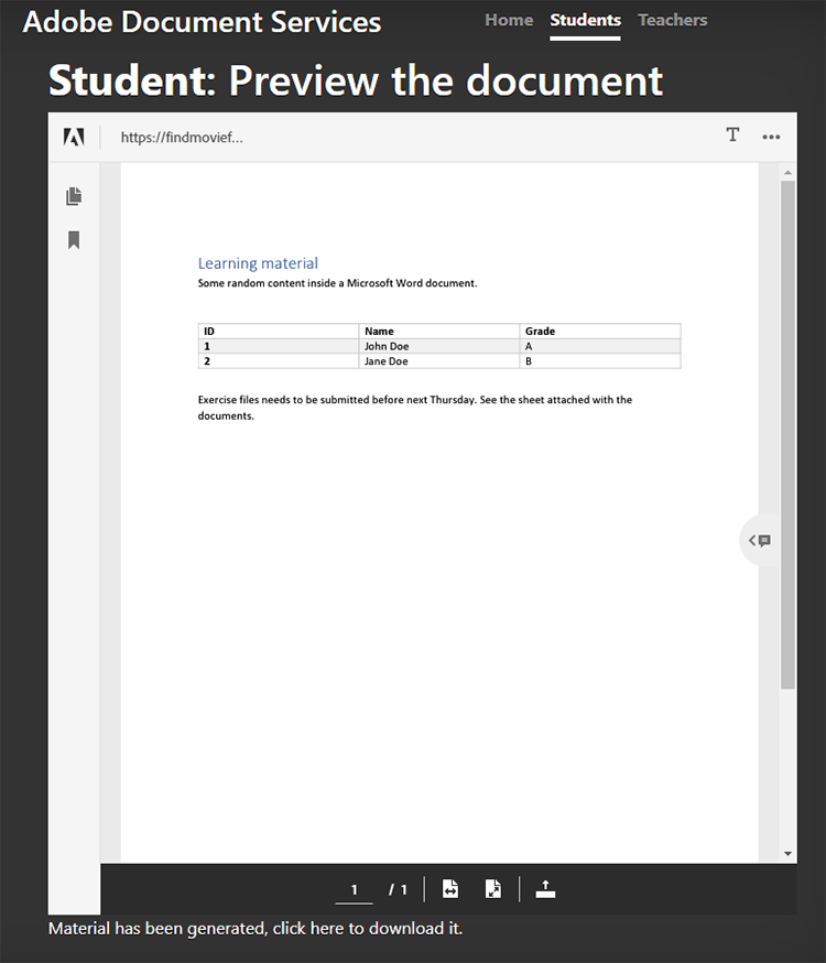 Captura de pantalla de la vista previa del PDF de estudiantes