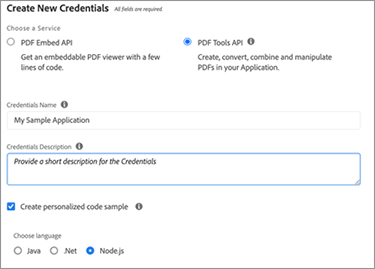 Imagen de selección de credenciales de API de servicios de PDF