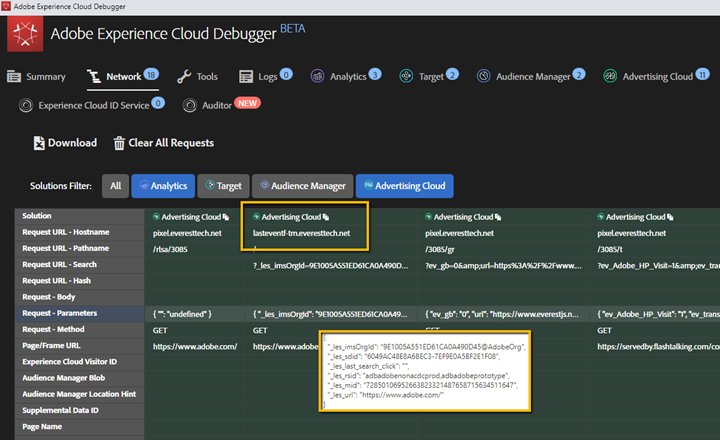 Auditoría Analytics for Advertising Código JavaScript en Experience Cloud Debugger