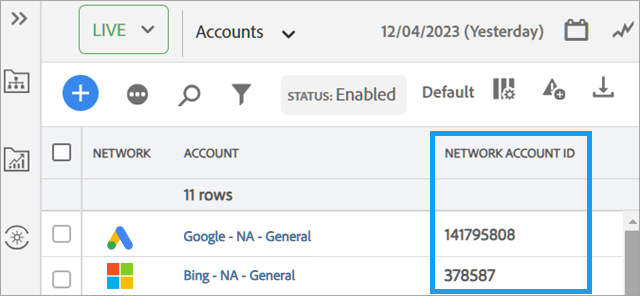 Network Account ID en la columna Accounts vista