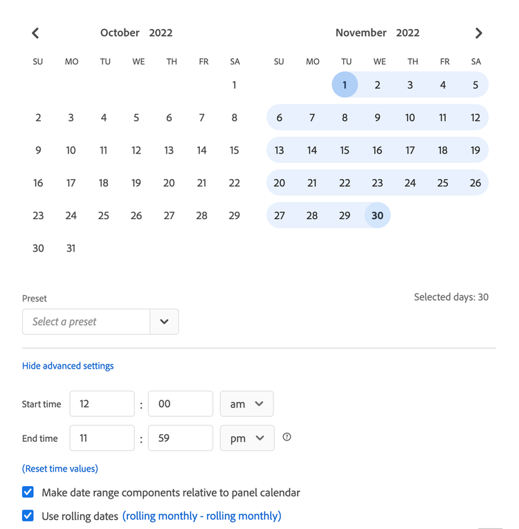 Calendario que muestra octubre de 2022 y noviembre de 2022 con los días 1 a 30 de noviembre seleccionados.