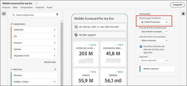 Nueva ventana del cuadro de resultados móvil que resalta la selección de vista de datos