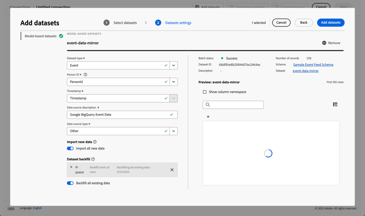 CJA - Conexión - Configuración del conjunto de datos