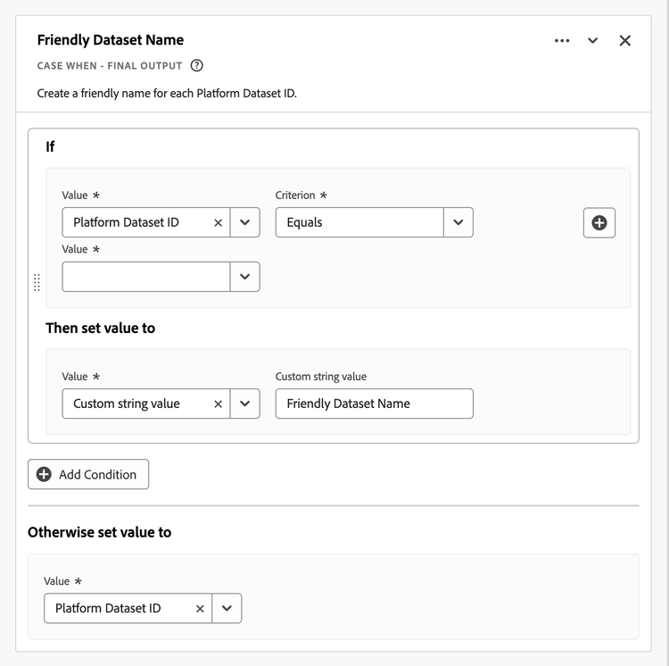 Captura de pantalla del generador de reglas Nombre de conjunto de datos descriptivo