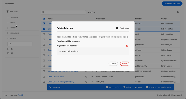 Eliminar vista de datos