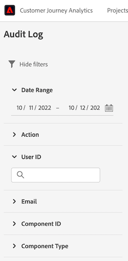 Registro de auditoría que muestra los filtros mostrados para el rango de datos.