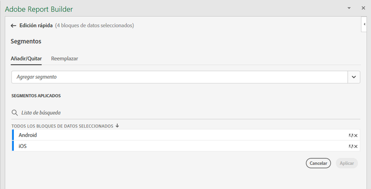 El campo Agregar segmento en la ventana de edición rápida