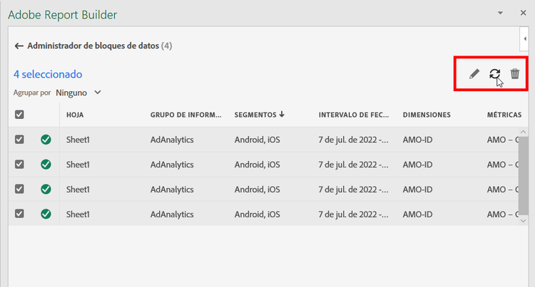 Administrador de bloques de datos que muestra el estado de actualización de cada bloque de datos enumerado.