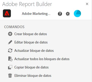 El panel Comandos en Report Builder Hub