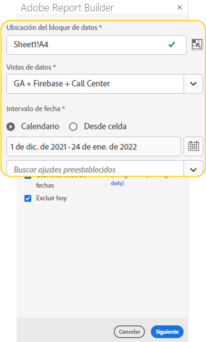 Captura de pantalla que muestra la opción de intervalo de fechas y el botón Siguiente activo.