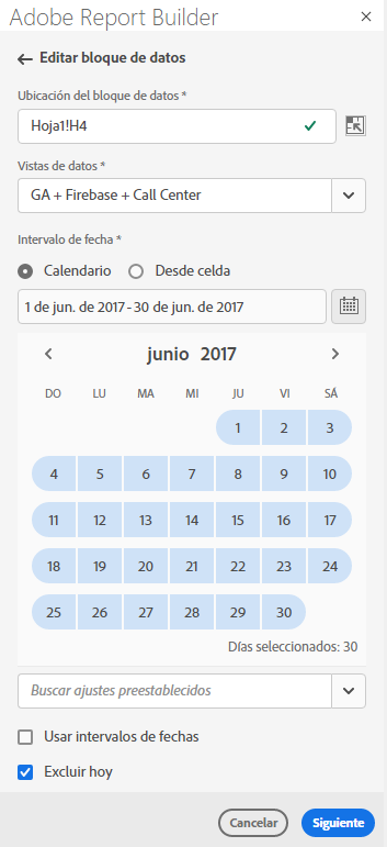 panel de intervalo de fechas del Report Builder que muestra el calendario, la fecha de finalización y la fecha de inicio seleccionada.