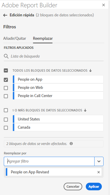 La ficha Reemplazar con el bloque de datos Personas en la aplicación seleccionado y la lista Reemplazar con actualizada muestran Personas en la aplicación revisada.