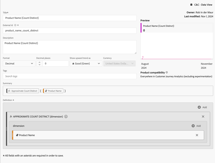 Métrica calculada con nombre de producto Customer Journey Analytics (recuento de distintivos)