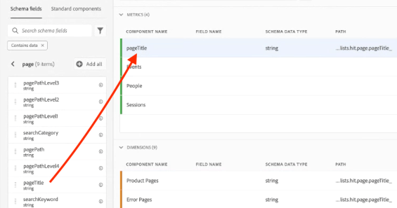 Campos de esquema con una flecha que señala a pageTitle en la lista Nombre de componente.