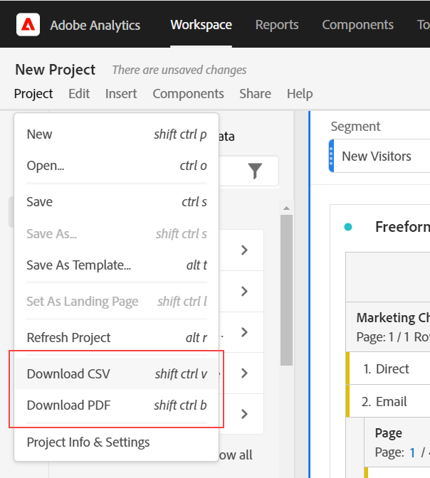 Menú desplegable Proyecto con las opciones Descargar CSV y Descargar PDF resaltadas.