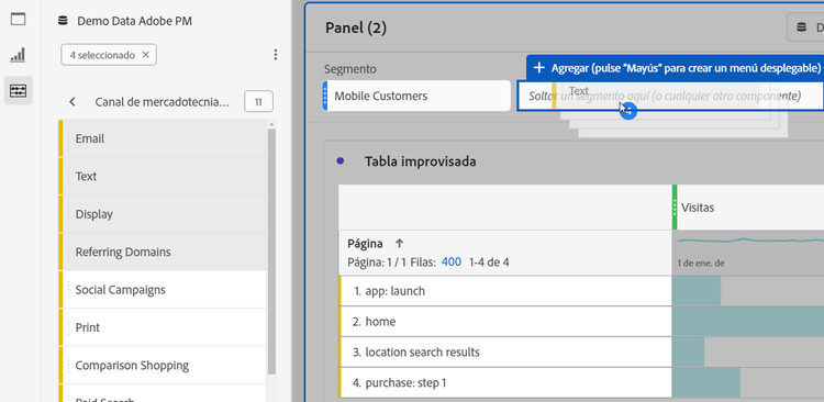 La ventana Panel con el campo de segmento Cliente móvil disponible para soltar un filtro desplegable estático.