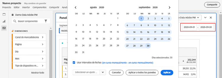 La ventana del calendario que muestra el intervalo de fechas seleccionado.