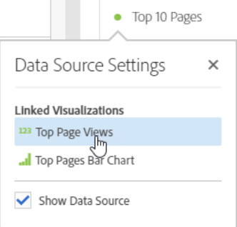 Configuración de Data Source que resalta una visualización vinculada para las vistas de páginas principales.