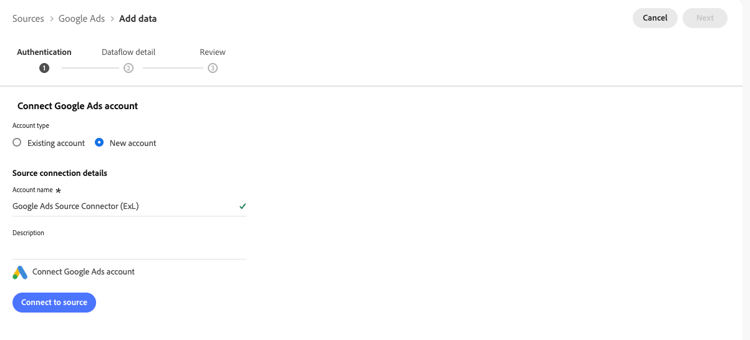Paso 1 de autenticación del conector de origen de Google Ads