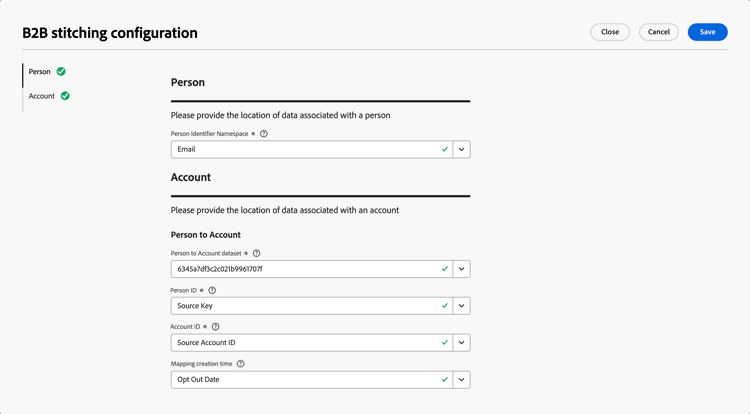Configuración de vinculación de persona a cuenta B2B