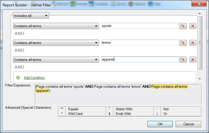 Captura de pantalla que muestra el cuadro de diálogo Definir filtro.
