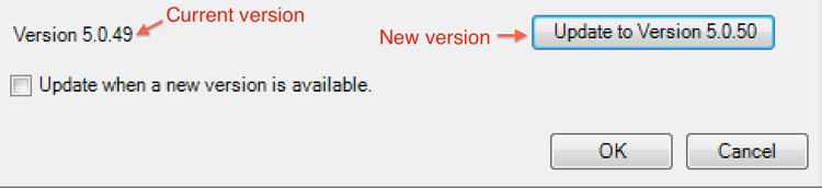Captura de pantalla que muestra el cuadro de diálogo Opciones y la versión actual y la nueva versión.