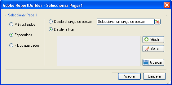 Captura de pantalla del cuadro de diálogo Elegir página con la opción Específica seleccionada.