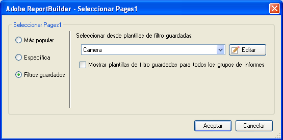 Captura de pantalla del formulario Elegir página y opciones para las páginas más populares, específicas y de filtros guardados.