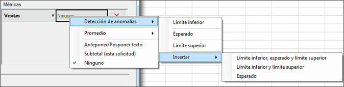 Captura de pantalla que muestra la detección de anomalías y luego las opciones Insertar y luego insertar para los límites inferior y superior y esperado.